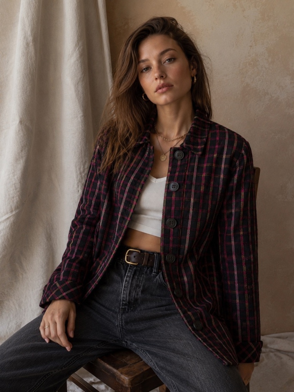 Cabi Black Pink Plaid Swing Jacket Coat S